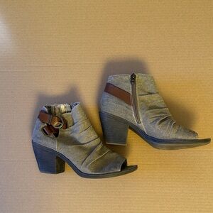 Blowfish Women's Brown Gray Open-Toe Ankle Booties with Buckle.